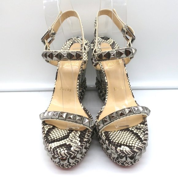 CHRISTIAN LOUBOUTIN CATACLOU STUDDED SNAKE PRINT ESPADRILLE WEDGES SIZE 37 - Picture 3 of 11